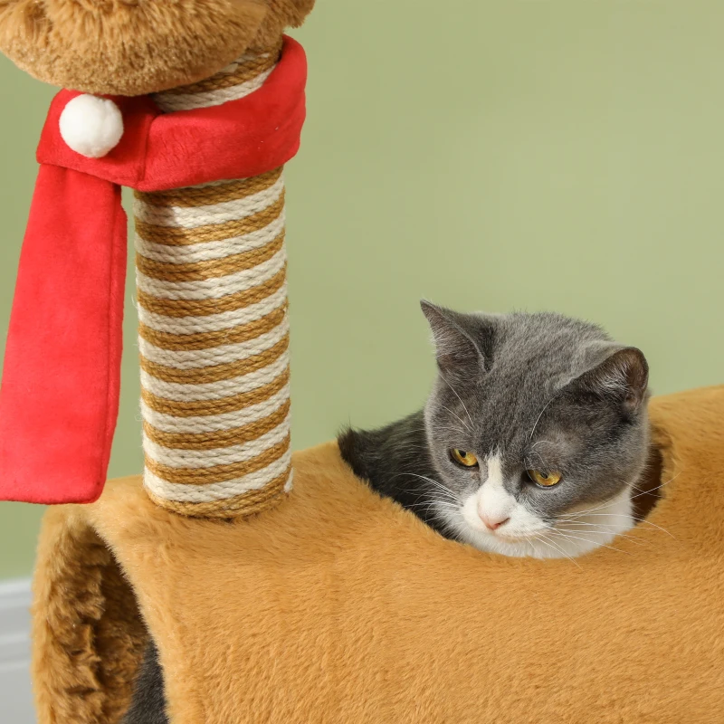 PawHut Krabpaal 98 cm Kattentoren in Hertontwerp met Speelhol, Speelbal, Jutepalen, Bruin
