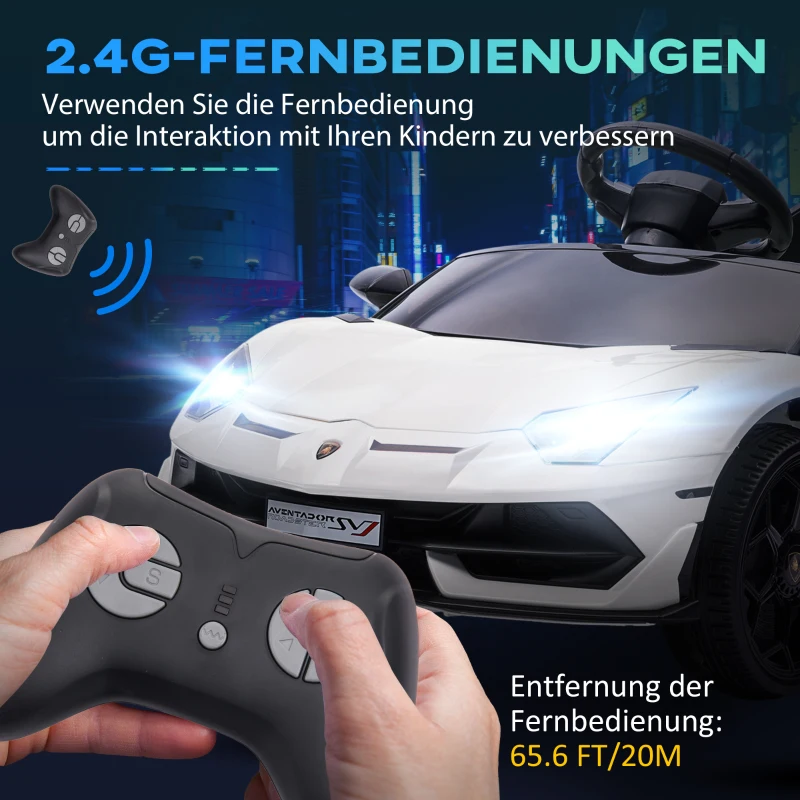 HOMCOM Elektrische kinderauto, officiële licentie van de Lamborghini Aventador, met vleugeldeuren, muziek, claxon, geschikt voor kinderen van 3-5 jaar, wit