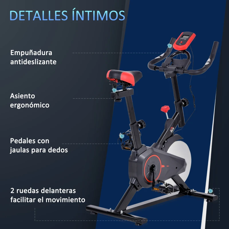 HOMCOM Bicicleta Estática Ciclo Indoor con Pantalla LCD Pulsómetro Sillín y Manillar Ajustables en Altura Volante de Inercia de 6 kg Resistencia Regulable Soporte para Teléfono y Ruedas Negro y Rojo
