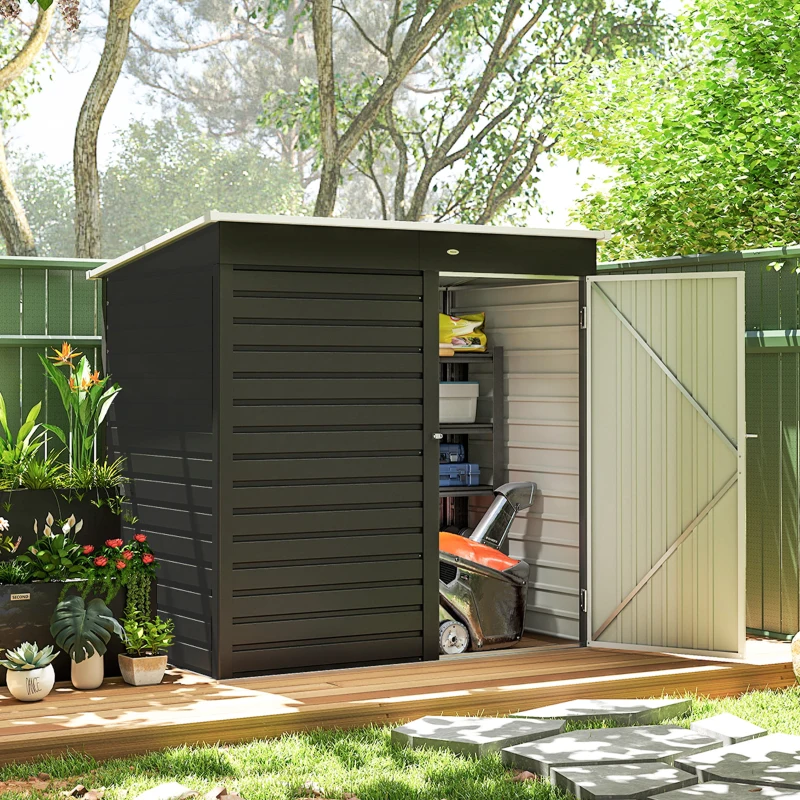 Outsunny 6 x 4ft Metal Garden Storage Shed, Outdoor Tool Storage Shed with Lockable Door and Gloves for Garden, Patio, Dark Grey
