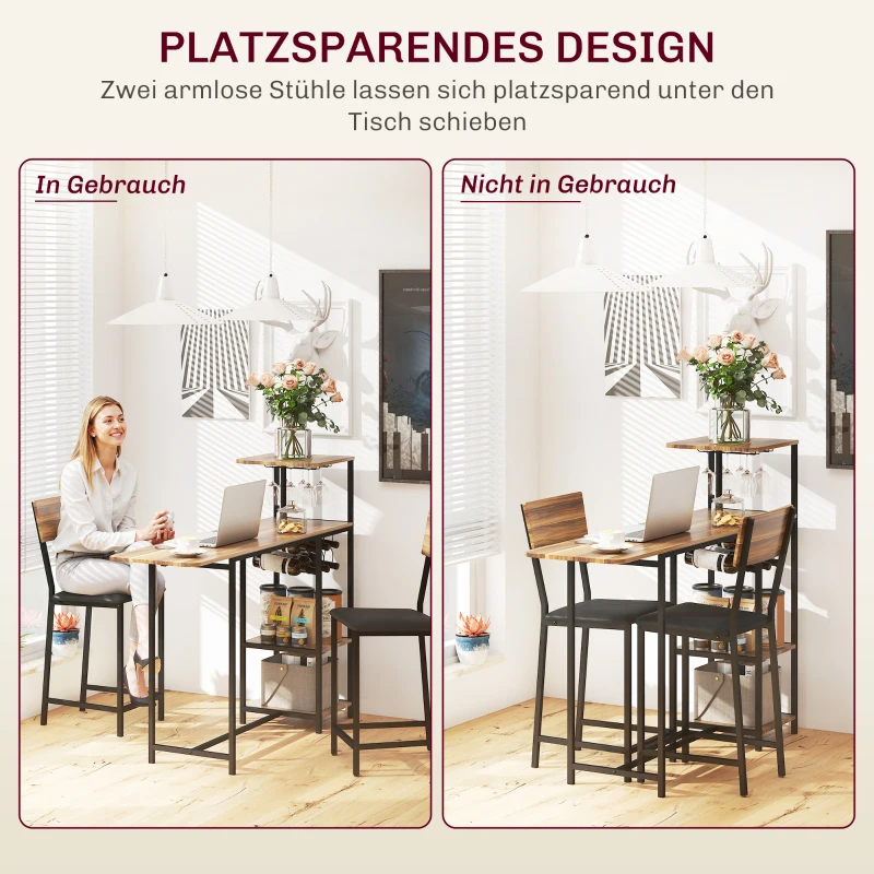 HOMCOM 3-delige Bartafelset, 1 Bartafel, 2 Stoelen, met Wijnrek, Glazenhouder, Open Planken, Voetensteunen, Bruin(m-7)