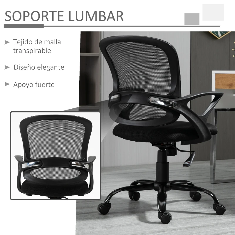 Vinsetto Silla de Oficina Silla de Escritorio de Malla Transpirable Basculante con Altura Ajustable Asiento Giratorio 360° y Soporte Lumbar 61x61x89-99 cm Negro
