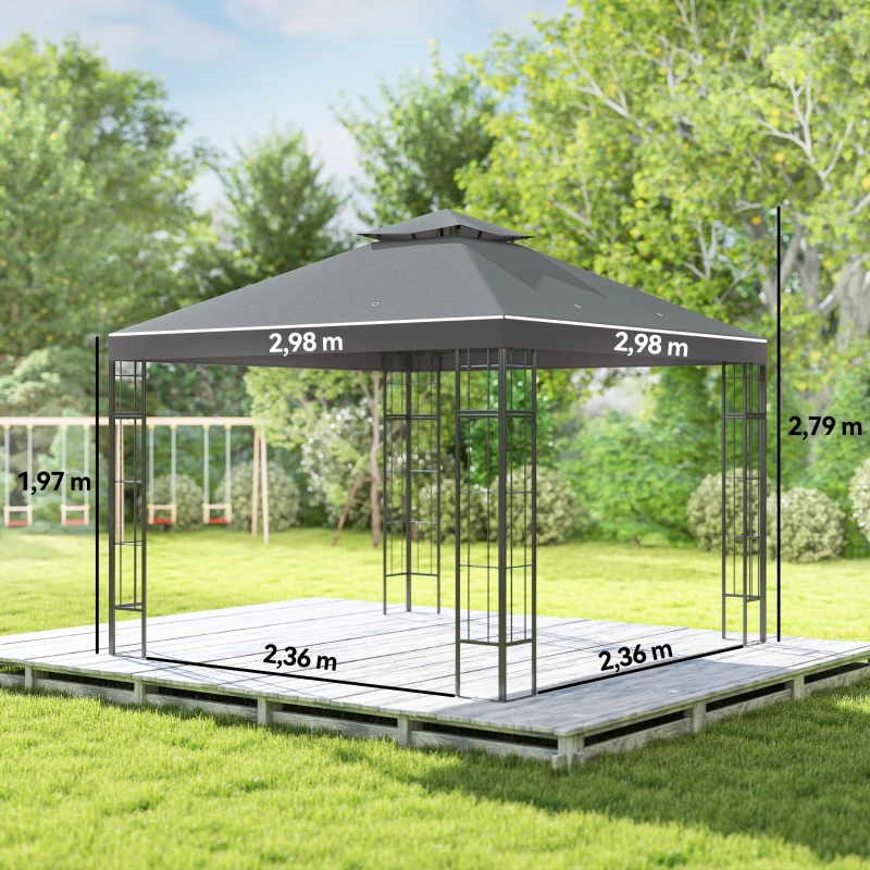 Outsunny 3 x 3 m tuinpaviljoen, 2-laags dakontwerp, UV30+ bescherming, UV-bestendig, zonwering, metalen frame, Donkergrijs