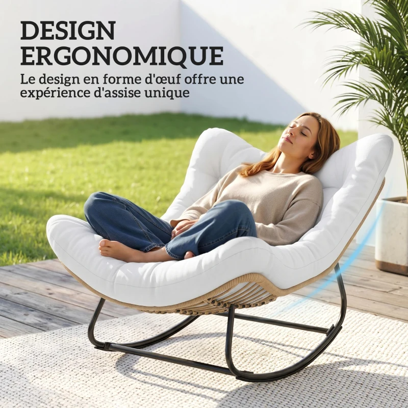 Outsunny Fauteuil à bascule de jardin chaise à bascule en forme d'œuf avec coussin rembourré 98 x 111 x 74 cm crème