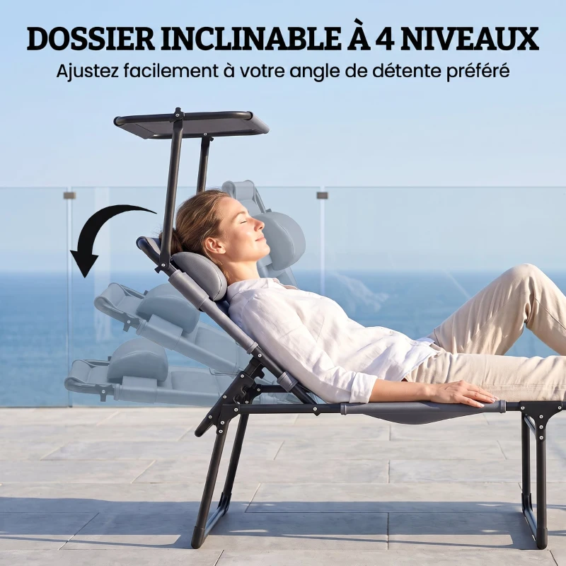 Outsunny Lot de 2 Bains de soleil transats pliables grand confort dossier pare-soleil réglables multi-positions, gris