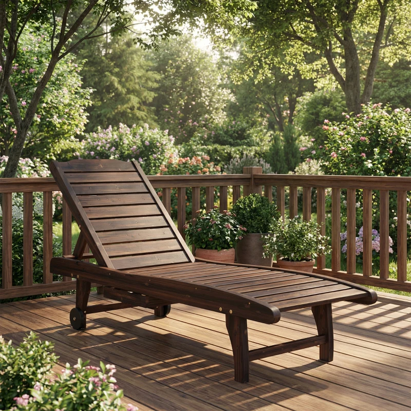 Outsunny Outdoor Wooden Sun Lounger with Built-In Table, Carbonised Finish