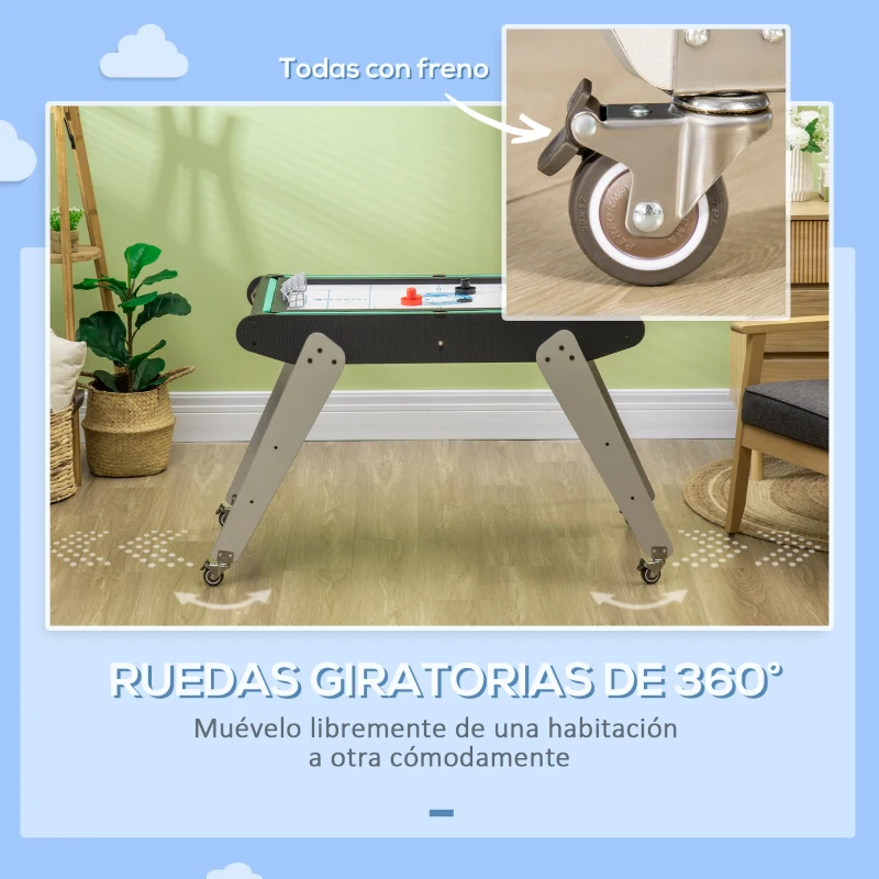 HOMCOM Mesa Multijuegos 6en1 para Niños de +7 Años con Ruedas Billar Futbolín Ping-Pong Anillas Hockey 120x88x79cm Negro