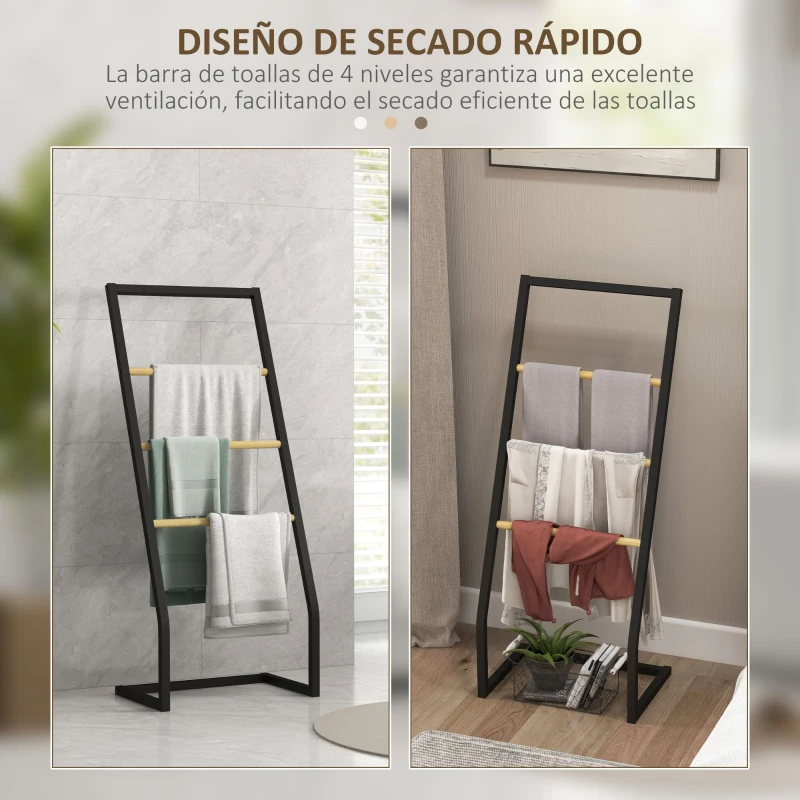 HOMCOM Toallero de Pie con 4 Barras de Bambú y Acero para Baño Lavadero 40,5x28x98 cm Negro y Natural