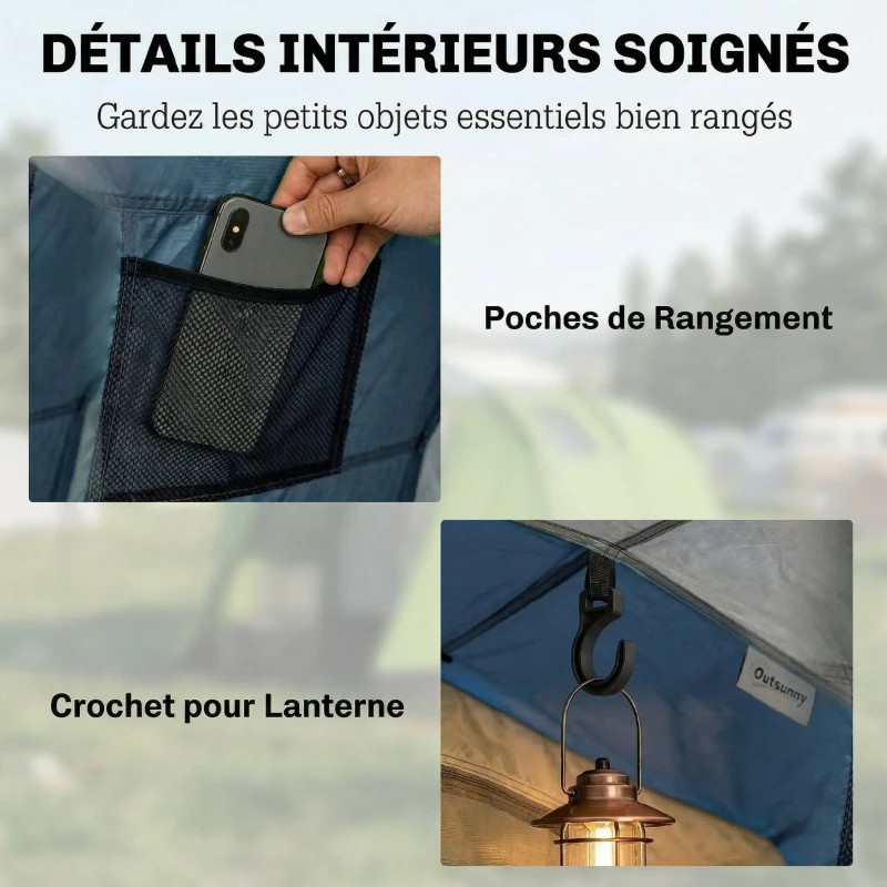 Outsunny Tente de Camping Tunnel pour 4 Personnes Imperméable 3000mm Double Couche Hauteur 190cm Bleu Foncé