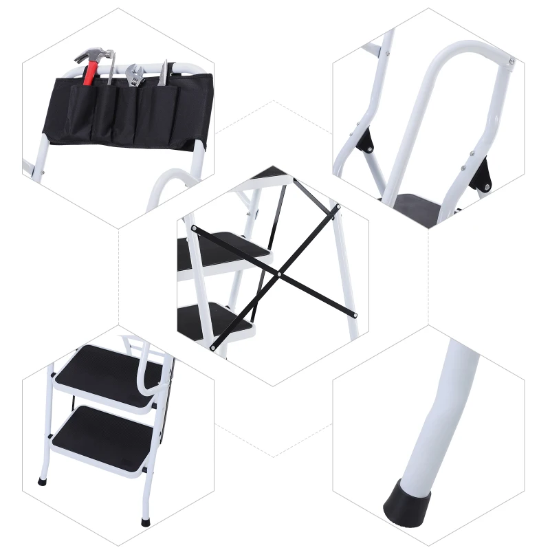 HOMCOM Opvouwbare huishoudtrap met gereedschapshouder, leuning, 50 x 83 x 155 cm, zwart + zilver