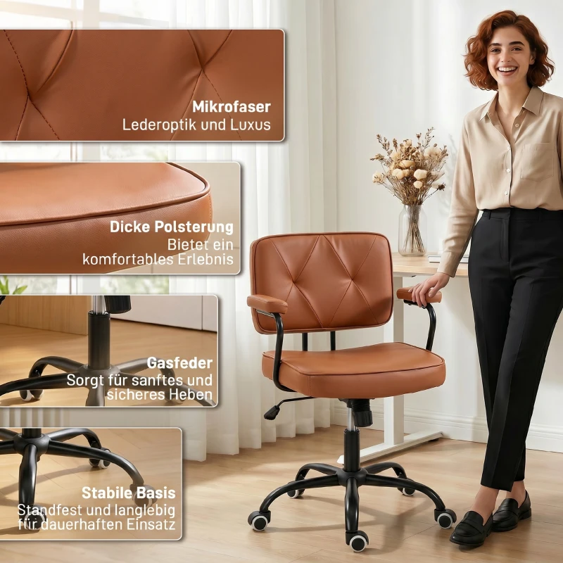 Vinsetto bureaustoel met wielen, draaistoel, bureaustoel, tuimelfunctie, bruin