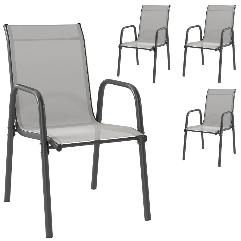 Outsunny Tuinstoelen 4-delige Set Stapelbare Terrasstoelen met Ademend Rugvlak, Armleuningen 120 kg Draagvermogen