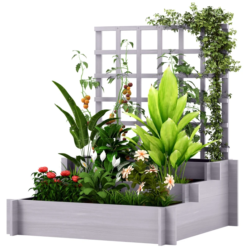 Outsunny 3 Tier Garden Planters with Trellis for Vine Climbing, Wooden Raised Beds, 95x95x110cm, Grey