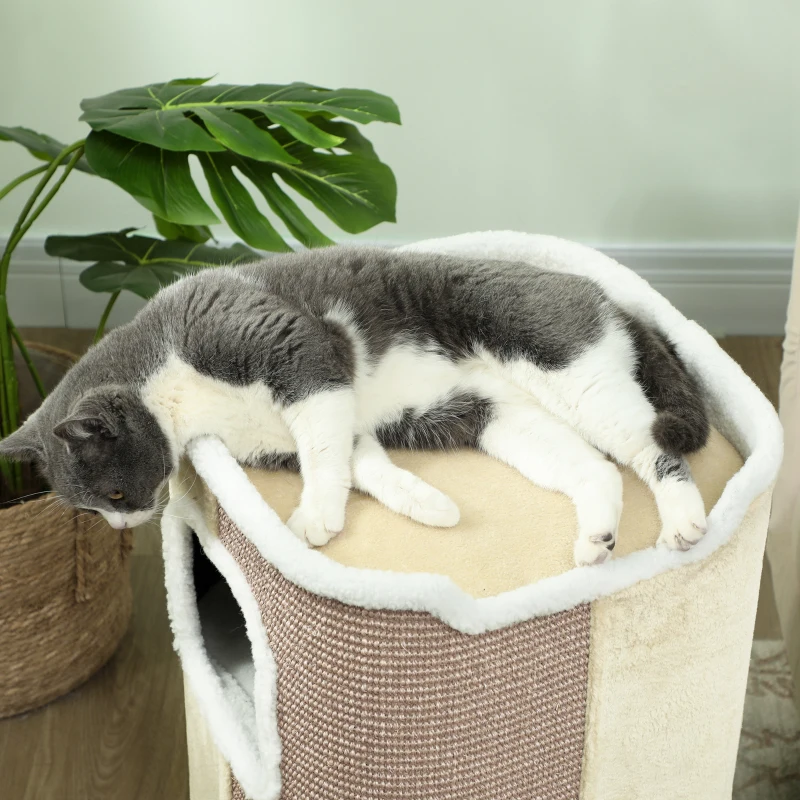 PawHut Krabton voor Katten, 3 Niveaus, Stevig, Zacht Pluche, Toevluchtsoord, Beige