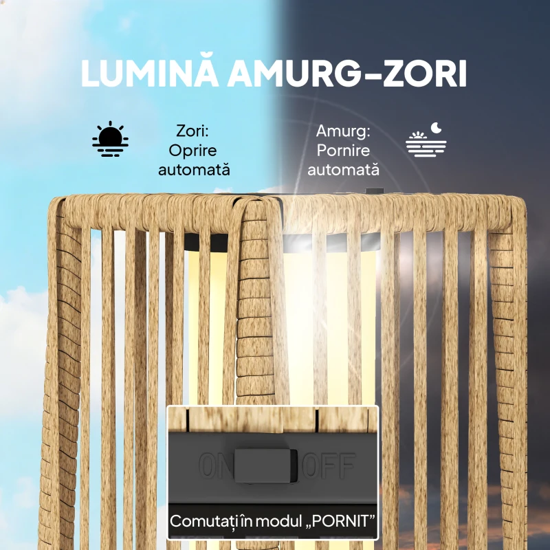 Outsunny Lampă de Podea Solară din Ratan, Lanternă de Grădină cu LED Auto On/Off, 68 cm, IP44, pentru Terasă, Curte, Patio, Maro Nisipiu