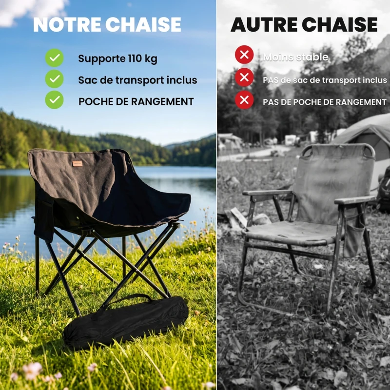 Outsunny Chaise de camping pliable avec sac de transport et pochette latérale compact ultra légère noir