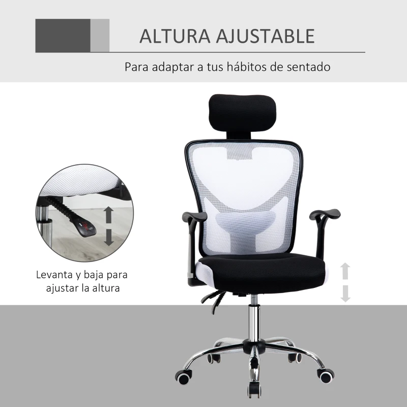 Vinsetto Silla de Escritorio Giratoria Silla de Oficina con Altura Ajustable Respaldo Reclinable Reposacabezas Regulable y Soporte Lumbar Tapizado en Malla Transpirable Blanco