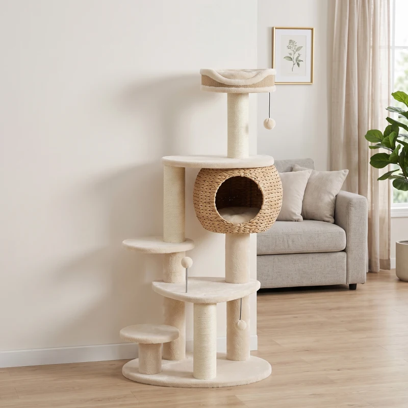 PawHut Arbre à Chat Tour pour Chat en Rotin Design 4 Niveaux avec Niche Quenouille Panier Jute et Coussin 132cm Beige