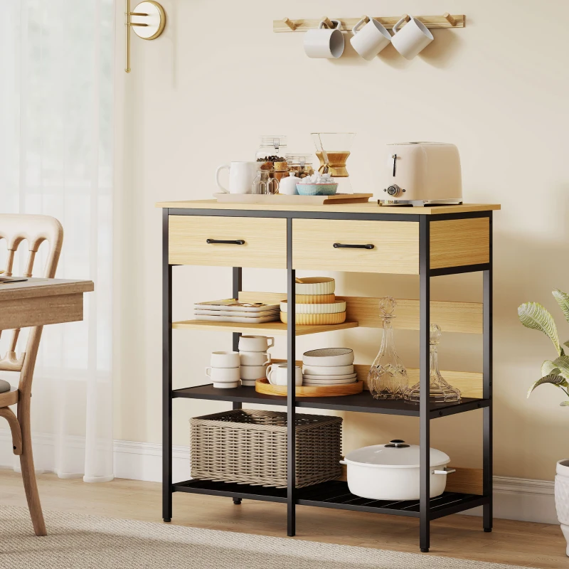 HOMCOM Dressoir, kast met 2 lades, 3 open planken keukenkast voor keuken, woonkamer 90 x 40 x 91 cm, natuurhout