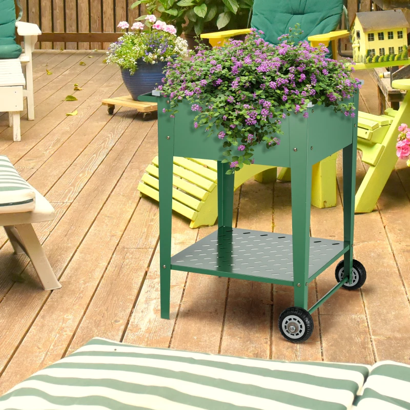 Outsunny Horta Vertical Elevada com Rodas de Aço Galvanizado com Prateleira e Alça Lateral 64x55x79 cm Verde