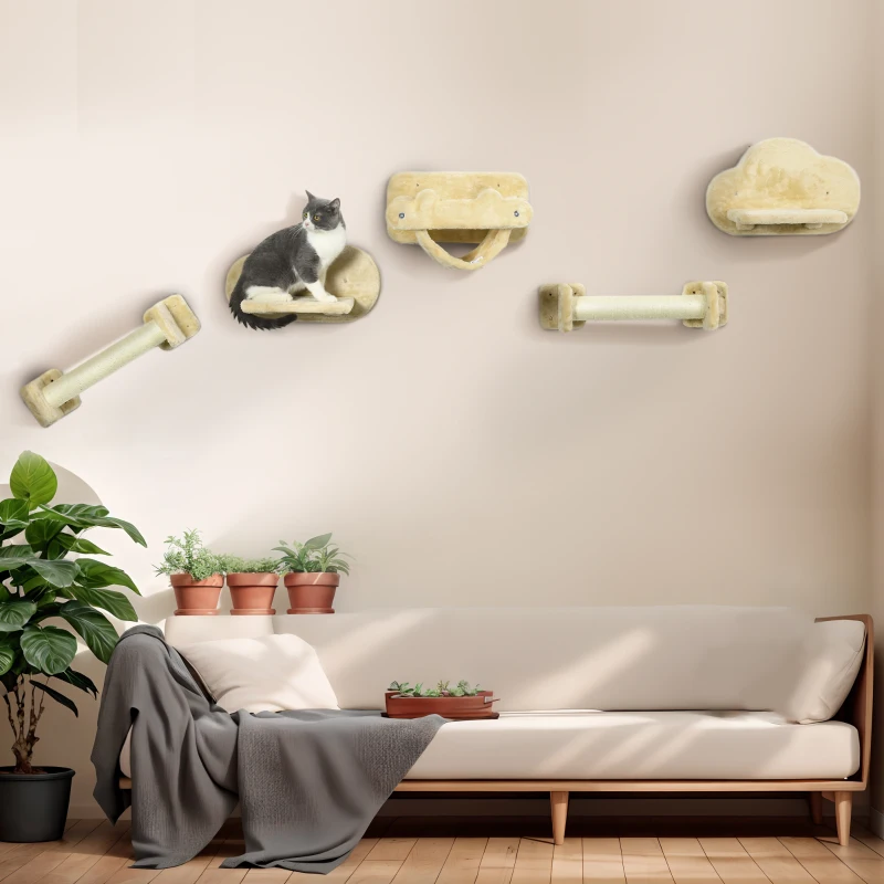PawHut Katten trap, 5-delige set, 2 krabpalen, 2 platforms met pluche bekleding, hangmat, beige