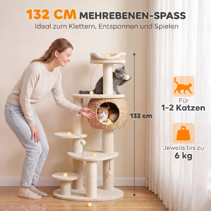 PawHut Grote krabpaal van 132 cm met handgevlochten kattenhuis van lisdodde, sisalpalen, ligbed, 3 speelballen en anti-kantelband, voor 1-2 katten tot 6 kg
