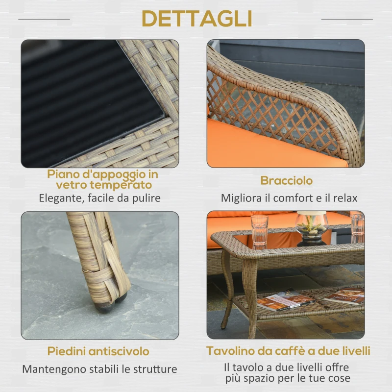 Outsunny Set Mobili da Giardino in Rattan PE con 2 Poltrone Divano a 2 Posti e Tavolo e Cuscini, Colore Khaki e Arancione