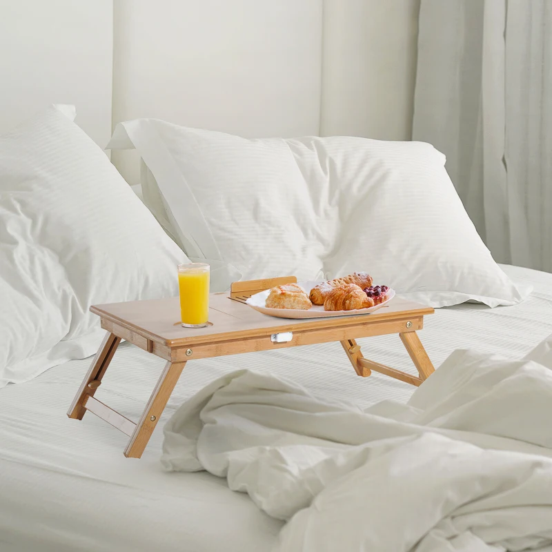 HOMCOM Table de lit plateau pour ordinateur en bois de bambou plateau inclinable pliable réglable en hauteur naturel