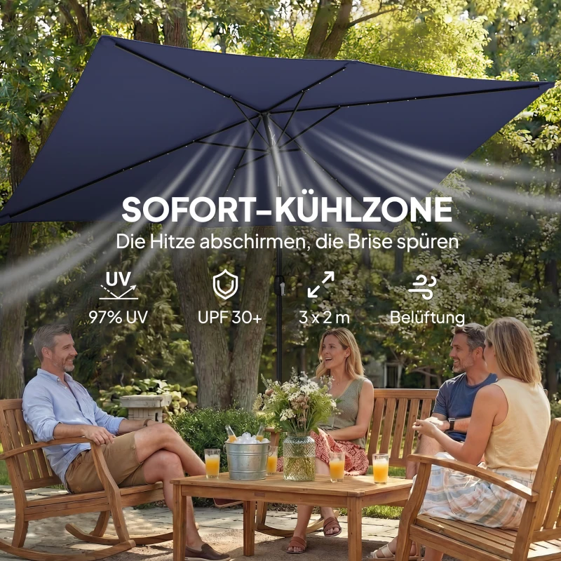 Outsunny parasol LED Solar ca. 300 x 200 cm kantelbaar balkonparasol met slinger beschermhoes, UV-bescherming, draaibaar Marineblauw