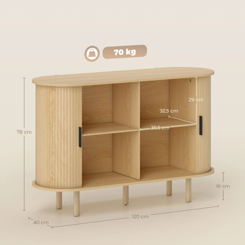HOMCOM Aparador con Puertas Tambour Deslizantes 4 Compartimentos y Patas de Madera 120x40x78 cm Roble