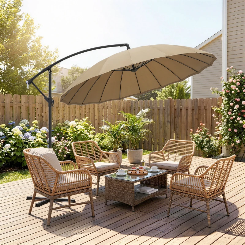 Outsunny 3(m) Cantilever Umbrella 18 Ribs & Vents Adjustable Angle for Patio Khaki