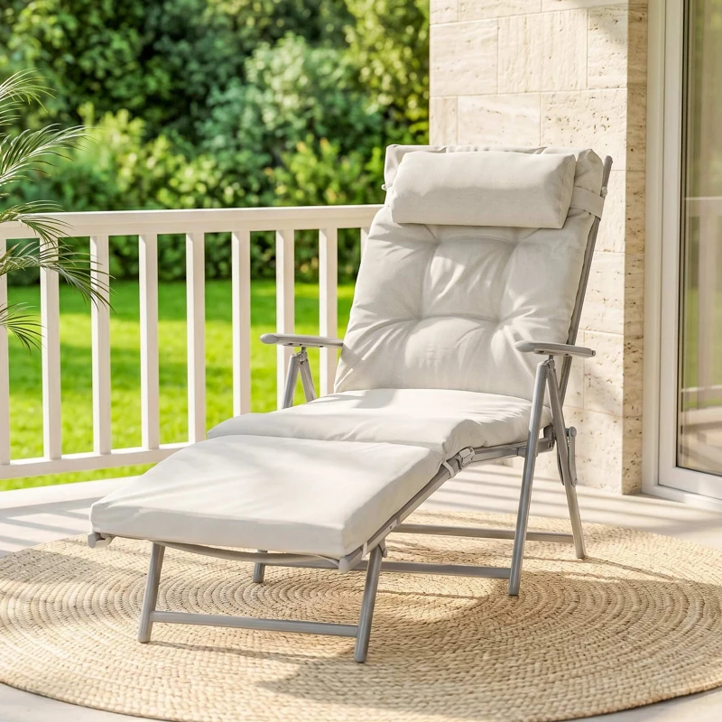 Outsunny Sun Lounger Steel Frame Outdoor Folding Chaise Texteline Lounge Chair Recliner with Headrest & 7 Levels Adjustable Backrest, Cream White