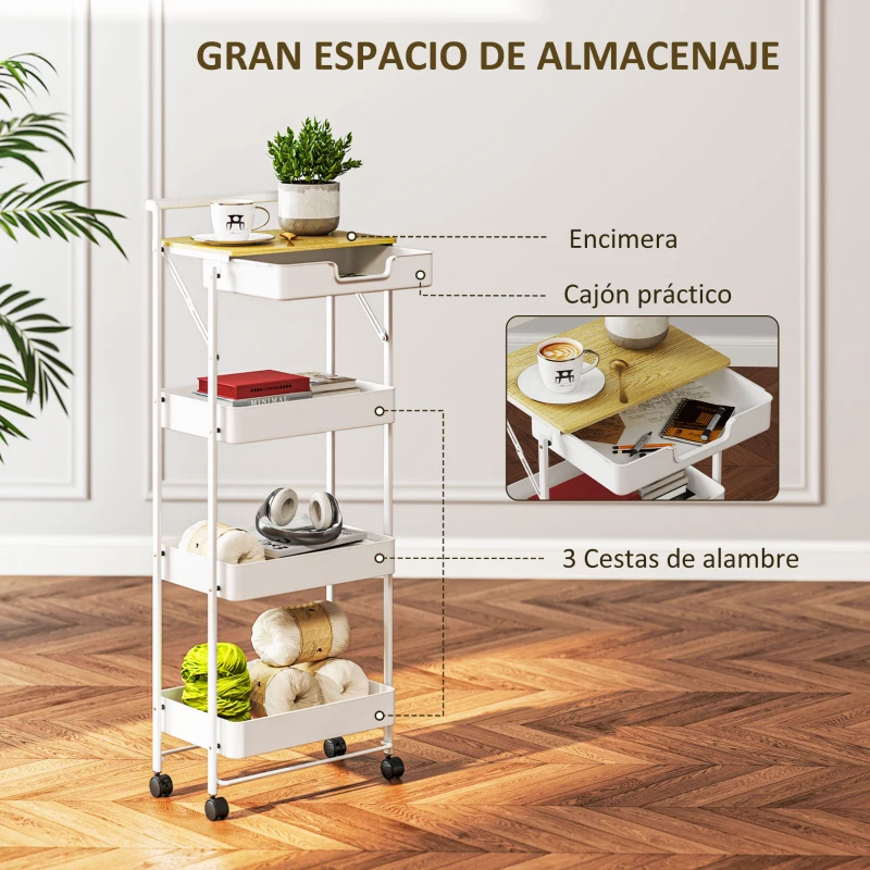 HOMCOM Carrito Auxiliar con Ruedas de 4 Niveles con Cajón Encimera y Cestas de Rejilla para Dormitorio Baño Cocina Blanco