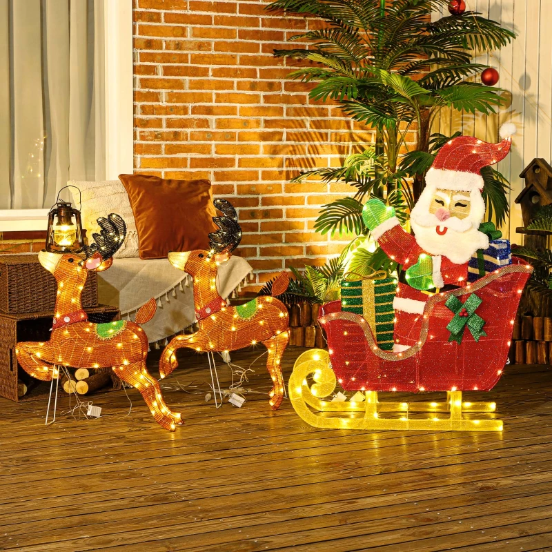 Outsunny Stralende Kerstdecoratie, Kerstman op Slee met Rendieren, 246 LED-Lampjes, Grondspiezen, Veelkleurig