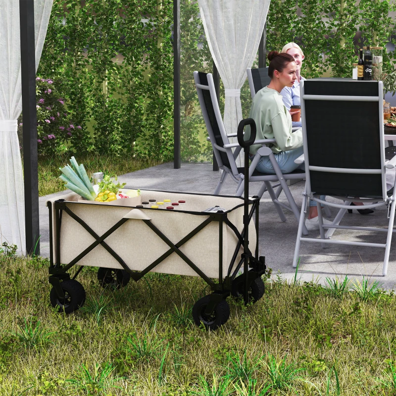 Outsunny Tuinwagen 100 kg Belastbaar, Opvouwbare Transportkar met Uitneembare Doek, 90 x 48 x 92 cm - Beige