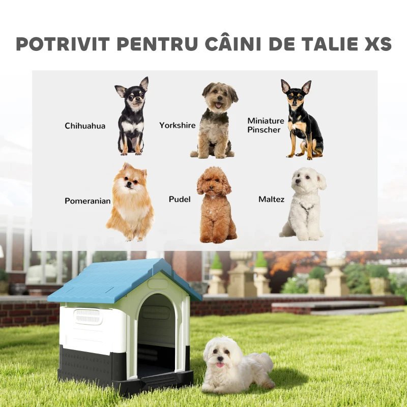 PawHut Cușcă pentru Câini de Exterior din Plastic, Căsuță pentru Câini Mici cu Ferestre, Acoperiș Înclinat și Bază Ridicată, 64,5 x 57 x 66 cm, Albastru
