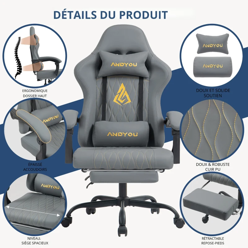 Fauteuil gamer avec repose-pieds, coussin cervical et lombaire doux, coussins de soutien amovibles, 60x60x122 cm, Gris