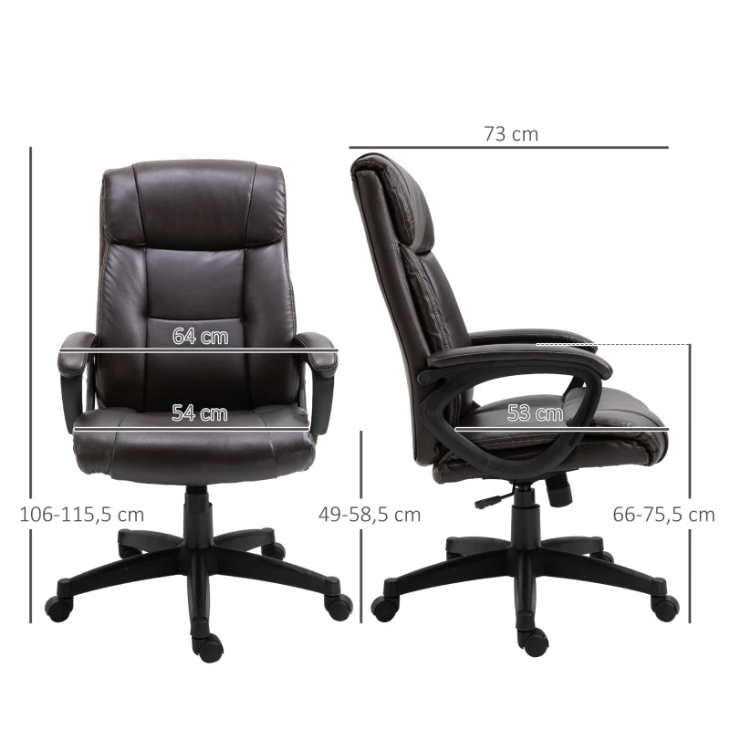 HOMCOM Fauteuil de bureau chaise de bureau ergonomique réglable roulettes pivotant 360° revêtement synthétique PU 64 x 73 x 106-115,5 cm chocolat