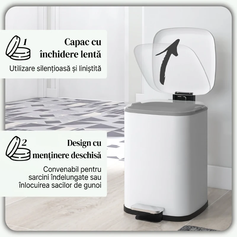 HOMCOM Coș de gunoi de 12L cu pedală și închidere silențioasă, din metal și PP, 24.5x32x34.5 cm, alb(m-5)