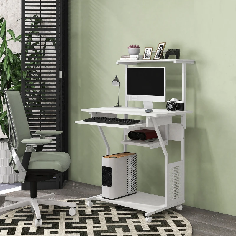 HOMCOM Mesa Escritorio de Ordenador Móvil con Bandeja para Teclado Estante para CPU Estantes y Ruedas 80x50x130 cm Blanco