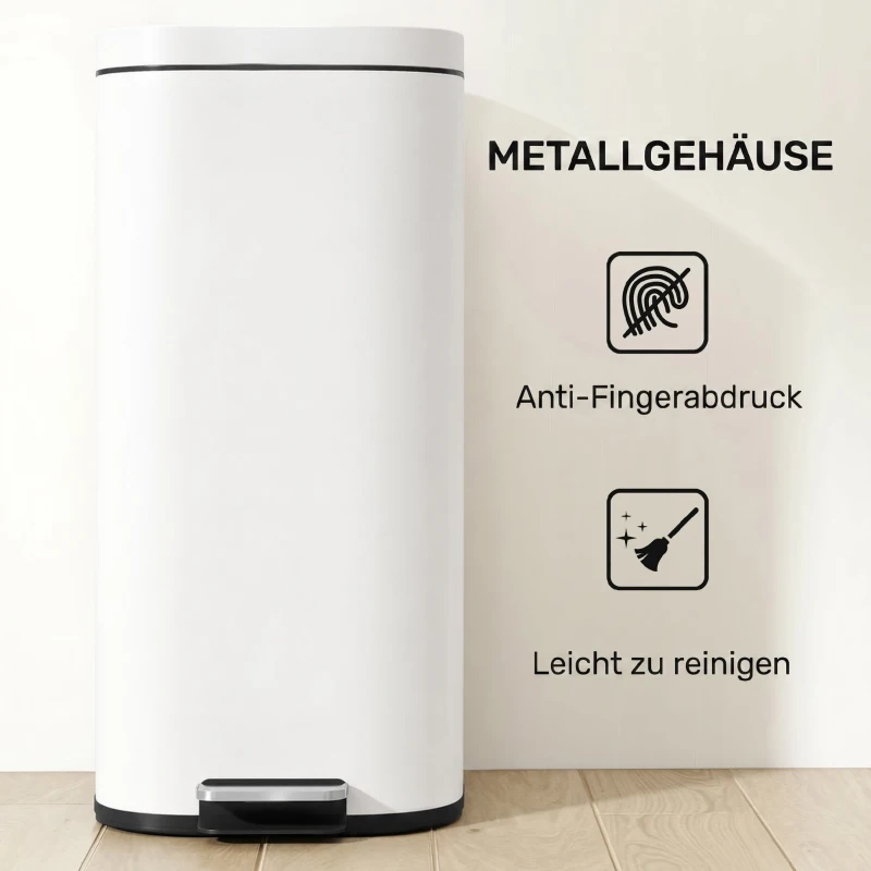 HOMCOM 30L keukenafvalemmer pedaalemmer met deksel, soft-close en openhoudfunctie voor keuken en thuis