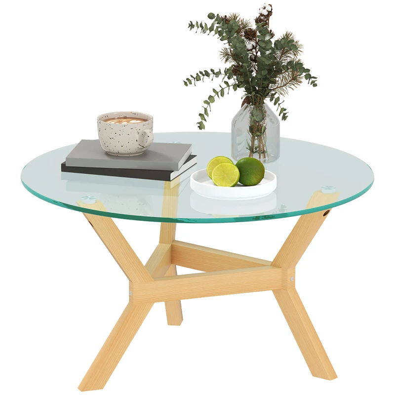 HOMCOM Ronde Bijzettafel van Gehard Glas met Verstelbare Voetkussens en Stalen Frame, voor Woonkamer, Slaapkamer
