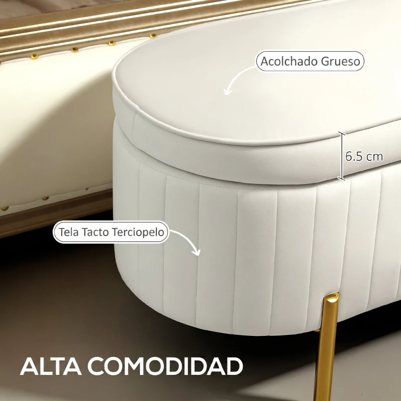 HOMCOM banco pie de cama tapizado en terciopelo taburete pie de cama con espacio de almacenaje y patas doradas 108x44x43,5 cm Crema