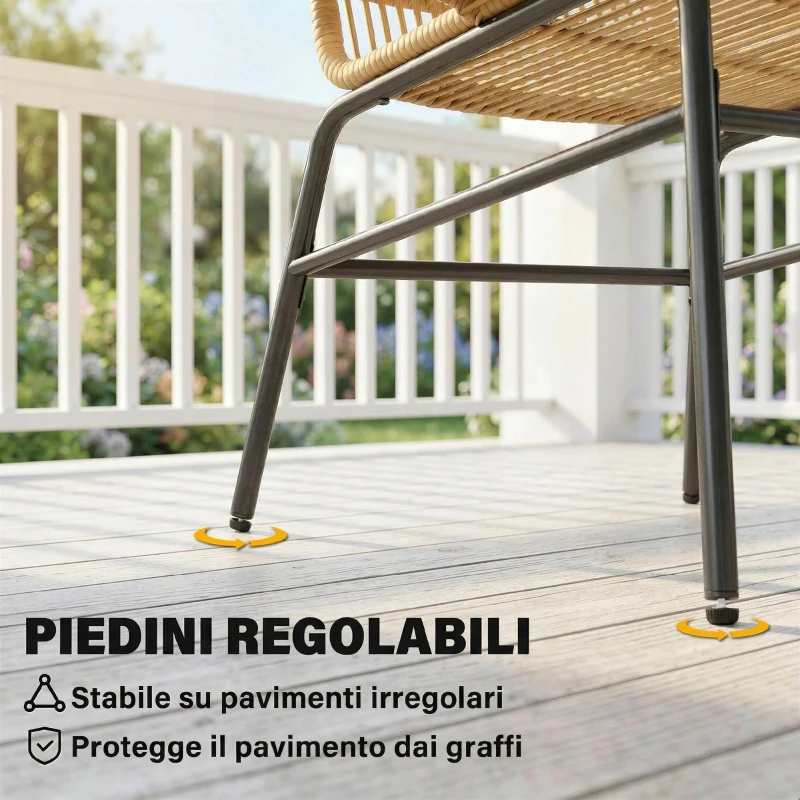 Outsunny Set da Bistrò da 3 Pezzi in Rattan e Acciaio con 2 Sedie, Tavolo Rotondo con Piano in Vetro Temperato, Beige