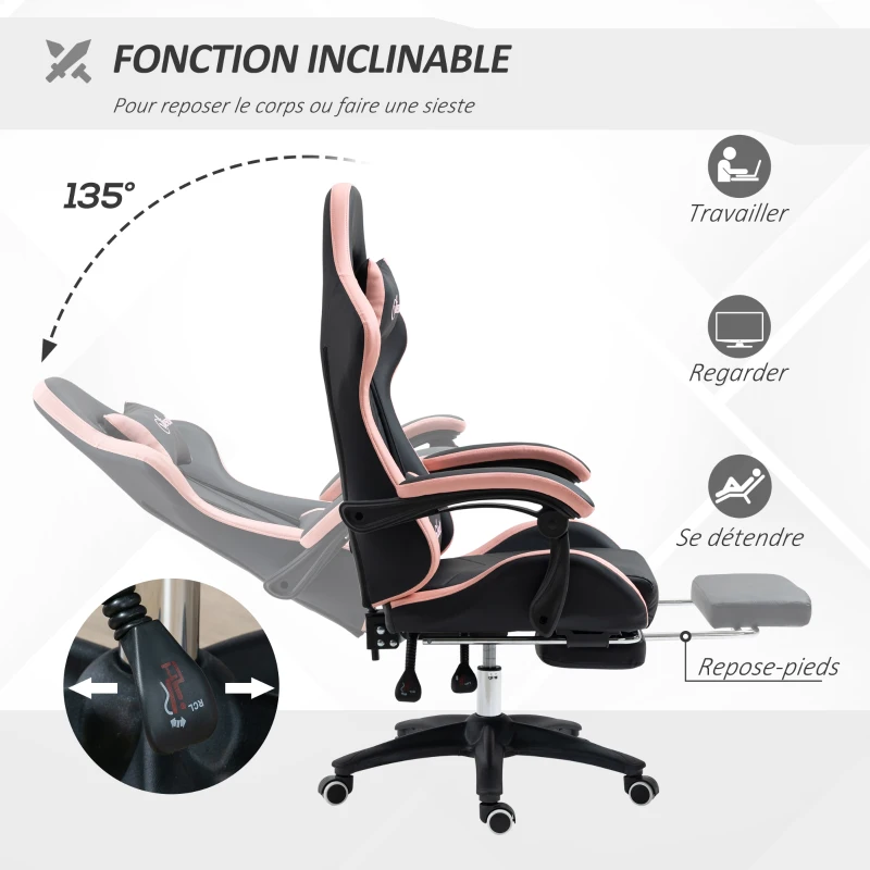 Vinsetto Chaise gaming fauteuil gaming ergonomique avec dossier inclinable à 135° et soutien lombaire, 65 x 65 x 121-129 cm rose