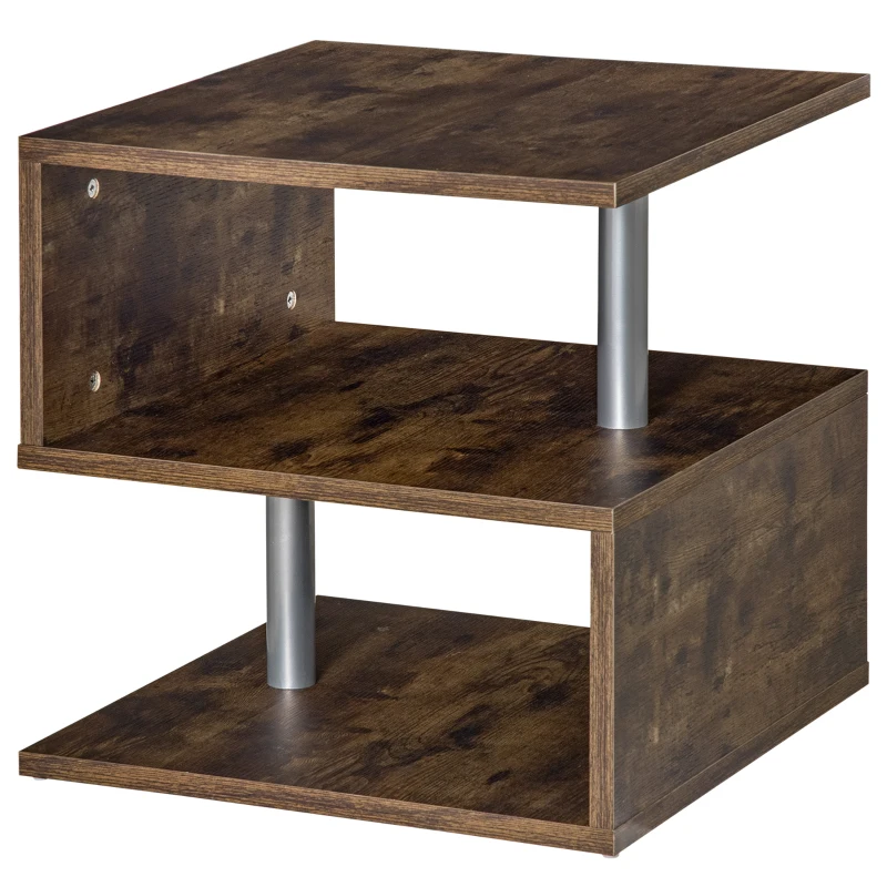 HOMCOM Mesa Auxiliar en Forma de S con Estantes a 3 Niveles Estilo Industrial para Salón 48x48x48 cm Marrón Rústico