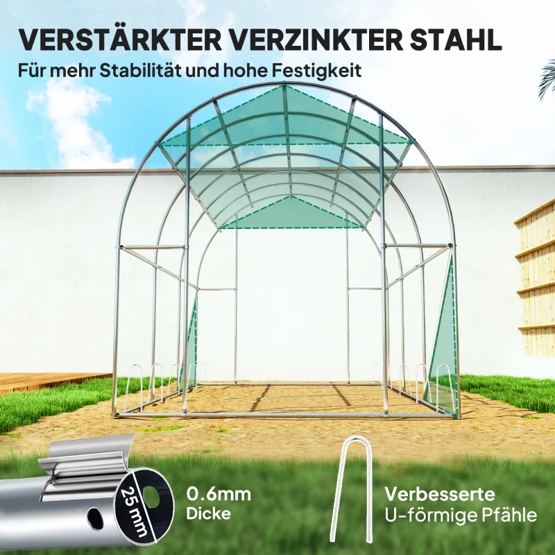 Outsunny Polytunnelkas met kunststof hoes en stalen frame, begaanbare kas met oprolbare deuren, Groen