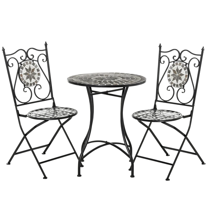 Outsunny tuinset 3-delige mozaïektafel eetgroep tuinmeubelset 1 tafel + 2 opklapbare stoelen terras metaal meerkleurig