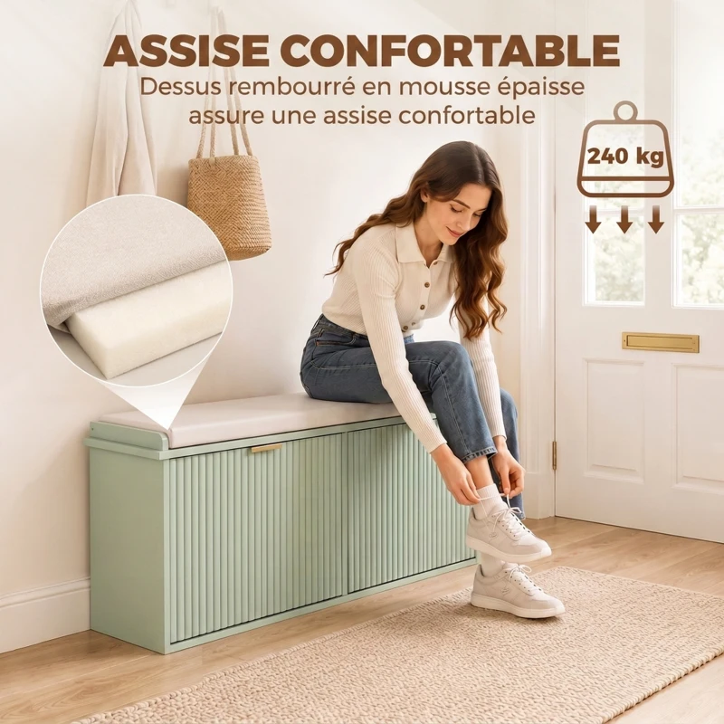 HOMCOM Banc à chaussures avec coussin d'assise rembourré et tiroir rabattable pour couloir, chambre, 104 x 26 x 47,5 cm, vert