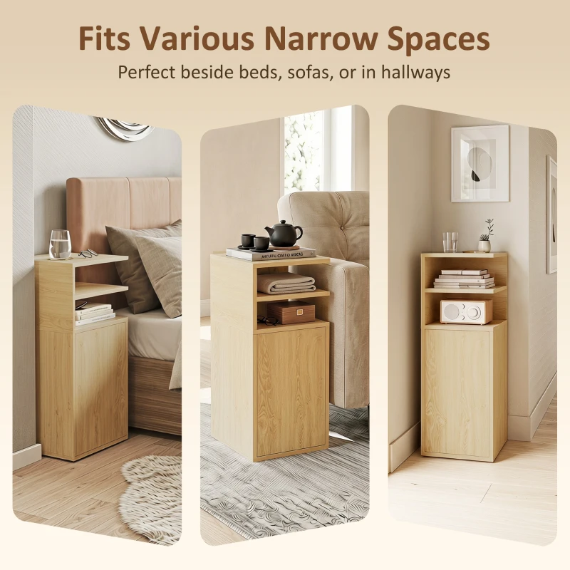HOMCOM Slim Bedside Table Set of 2, Narrow Bedside Cabinet with Open Cubbies and Cupboard for Bedroom Living Room, Oak